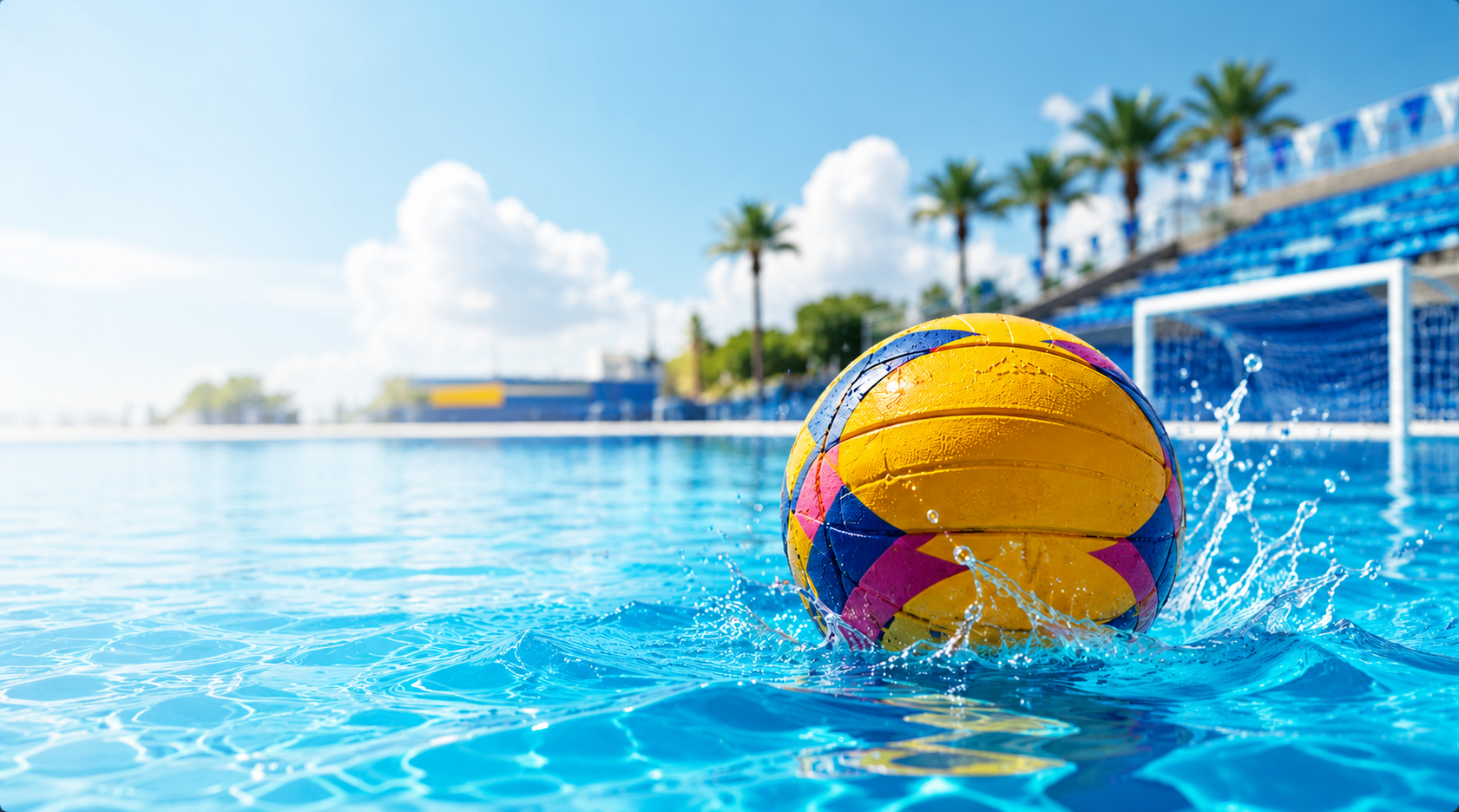 Water polo ball splashing in a bright outdoor pool with blue sky and stadium